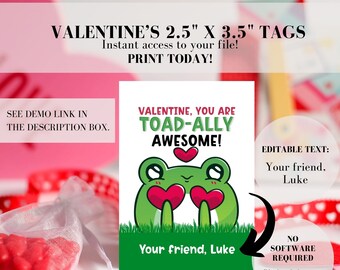 Peut inclure: Etiquette de Saint-Valentin imprimable avec une grenouille de dessin animé tenant deux cœurs. L'étiquette mesure 2,5 pouces par 3,5 pouces et dit "Valentine, tu es vraiment génial !" avec un texte modifiable qui dit "Votre ami, Luke".