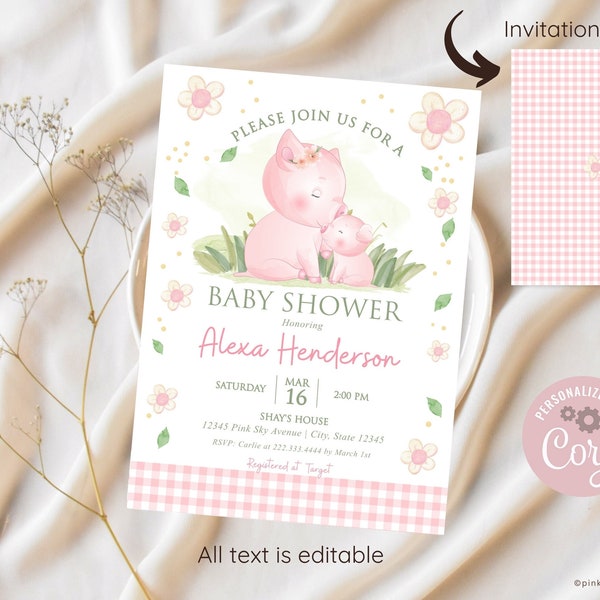 Piggy Baby Shower Invitation, EDITABLE, Farm Baby Shower, Girl Baby Shower, Pink Gingham, Digital, Printable