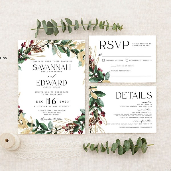 Printed Winter Wedding Invitation Set, Christmas, Rustic Winter Wreath, RSVP and Details cards Included, Envelopes Included