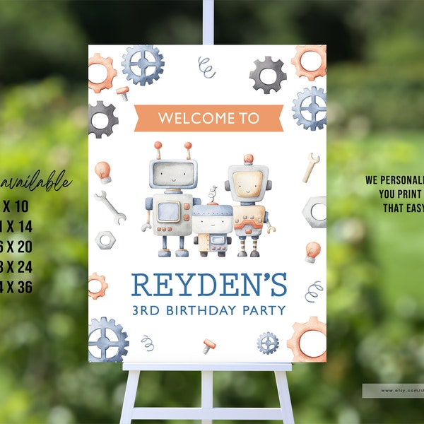 Robots Birthday Welcome Sign, Digital File, Robots Party Sign,  Cute Robots, Poster Sizes Available, Personalized, Printable