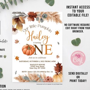 EDITABLE Pumpkin Birthday Invitation, Pumpkin 1st Birthday, Fall Birthday, Little Pumpkin, Fall Party, PRINT TODAY!