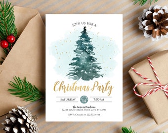 Könnte beinhalten: Eine Weihnachtsparty-Einladung mit einem Weihnachtsbaum im Aquarellstil. Die Einladung enthält den Text "Join us for a Christmas Party" in goldener Schrift sowie Veranstaltungsdetails wie Datum, Uhrzeit und Ort.