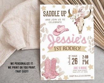 Boho 1st Rodeo Birthday Invitation, Western 1st Birthday Invitation, Cowgirl First Birthday, Digital File, Printable or Printed