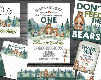 Bear Woodland Birthday Party Package Digital Files, Forest, Lumberjack Invitation, Lumberjack Party Favors, Boys Birthday Party