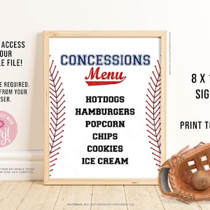 EDITABLE Baseball Concessions Menu Sign, Digital File, Baseball Party Menu, Baseball Birthday, White, Printable, INSTANT DOWNLOAD