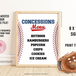 EDITIERBARE Baseball-Konzessions-Menü-Zeichen, digitale Datei, Baseball-Party-Menü, Baseball-Geburtstag, weiß, druckbar, INSTANT DOWNLOAD