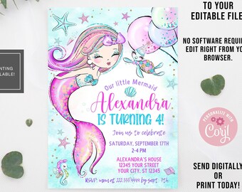 Peut inclure: Une invitation imprimable de 12,7x17,8 cm pour une fête d'anniversaire sur le thème de la sirène. L'invitation représente une sirène de dessin animé avec des cheveux roses et une queue violette, tenant un ballon rose. Le texte sur l'invitation indique "Notre petite sirène Alexandra a 4 ans !" et comprend des détails sur la fête, tels que la date, l'heure et le lieu. L'invitation est décorée de paillettes dorées et d'étoiles.