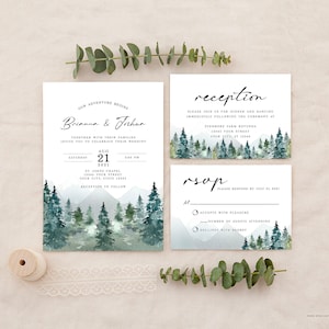 Invitation de mariage de montagnes, mariage rustique, mariage nature, moderne, arbres, aquarelle, RSVP, réception, inclus, imprimable ou imprimé