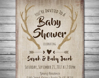 Deer Baby Shower Invitation, Printable or Printed Invitations, Little Deer Baby Shower, Rustic Boy, Little Buck , Antlers, Rustic