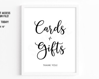 May include: Printable 8x10 inch sign with black text on a white background that says "Cards + Gifts" and "Thank You!"