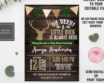 EDITABLE Deer Baby Shower Invitation, Digital File, Little Buck Baby Invitation, Rustic Baby Shower, Deer Invite, INSTANT DOWNLOAD