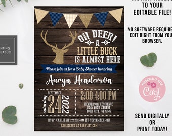 EDITABLE Deer Baby Shower Invitation, Digital File, Little Buck Baby Invitation, Rustic Baby Shower, Deer Invite, INSTANT DOWNLOAD