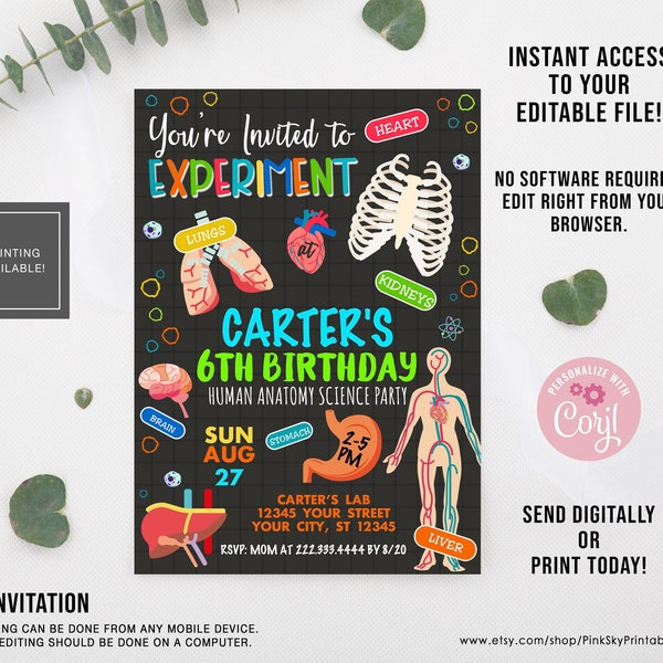 EDITABLE Human Anatomy Birthday Party Invitation, Science Party, Learning Birthday, Doctor Birthday, PRINT TODAY!