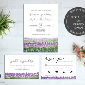 Invitation de mariage de jardin, mariage en plein air, champ de lavande, RSVP, registre ou réception, inclus, imprimable ou imprimé, enveloppes incluses