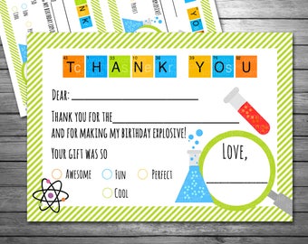 Science Fillable Thank You Cards, Digital, INSTANT DOWNLOAD, Science Party Thank You, Science Experiment Thank You Cards