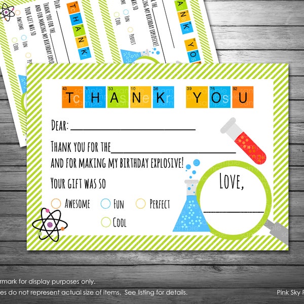 Science Fillable Thank You Cards, Digital, INSTANT DOWNLOAD, Science Party Thank You, Science Experiment Thank You Cards