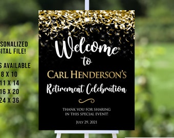 Retirement Party Welcome Sign, Digital File, Black and Gold, Retirement Party Decor, Sizes Available