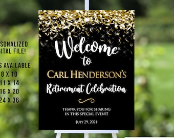 Retirement Party Welcome Sign, Digital File, Black and Gold, Retirement Party Decor, Printable, Sizes Available
