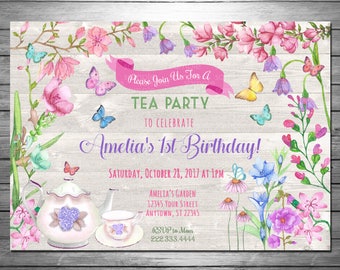 Garden Tea Party Birthday Invitation, Printable File, Pink Sky Printables, Floral Tea Party Invitation, Bright Tea Party, Email Invitations