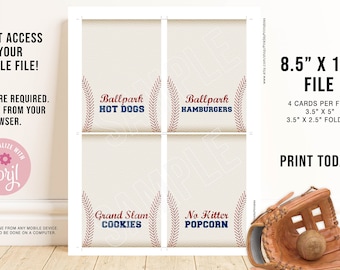 Editable Baseball Food Place Cards, Digital File, Baseball Party Menu, Baseball Birthday, Printable, INSTANT DOWNLOAD