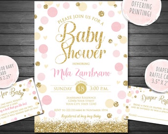 Girl's Baby Shower Invitation, Printable Invitation, It's A Girl Baby Shower, Pink Gold Baby Shower, Diaper Raffle and Book Request INCLUDED