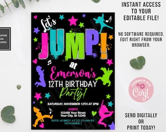 Jump Geburtstagseinladung, EDITIERBARE, Trampolin-Geburtstags-Party, Mädchen-Jump-Party, PRINT HEUTE!
