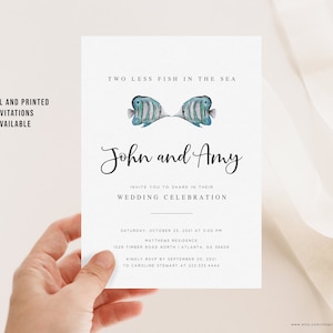 Zwei weniger Fische im Meer Hochzeitseinladung, druckbare oder gedruckte Einladungen, nautisch, Aquarell Einladung, Fisch, Strandhochzeit