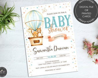 Hot Air Balloon Animals  Baby Shower Invitation, Digital File, Gender Neutral Invitation, Baby Shower, Digital File or Printed Invitations