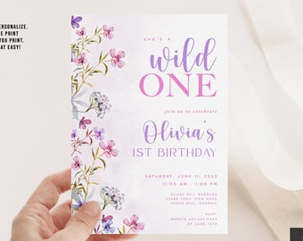 Wild One Wild Flowers Girls Birthday Invitation, Girls First Birthday Invitation, Flowers, Summer Birthday, Printable or Printed Invitations