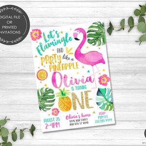 Flamingo Birthday Invitations, Pineapple Invitation, Printable or Printed Invitations, Pink and Gold, Pool Party, Summer, All Ages