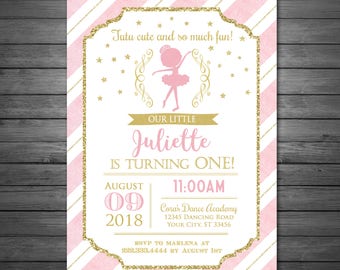 Ballerina Birthday Invitation, Printable or Printed Invitations, Pink and Gold Ballerina, Ballet Birthday Party, Girls Ballerina Invitation