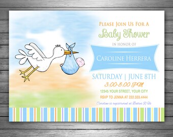 Stork Baby Shower Invitation Printable File, Gender Neutral Baby Shower Invitations, Watercolor Invitation