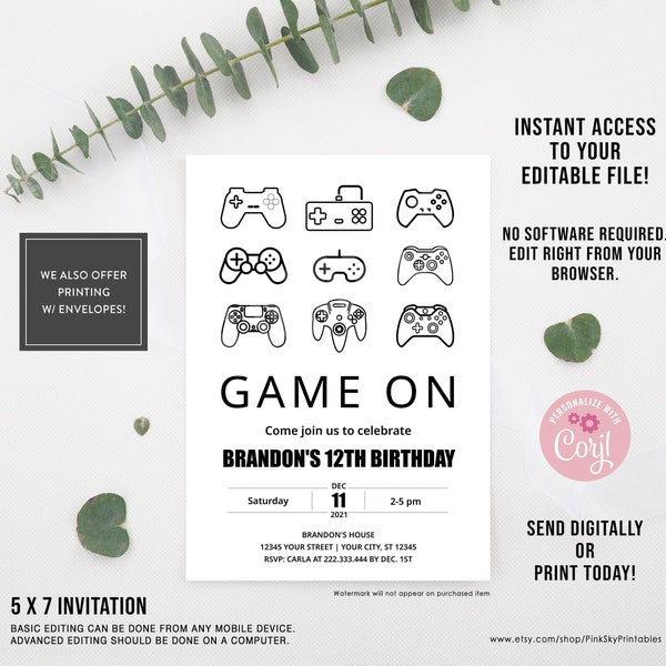 EDITABLE Gaming Birthday Invitation, Editable, Printable Invitations, Modern Gamer Invitation, Video Game Party, Gamer, Black and White