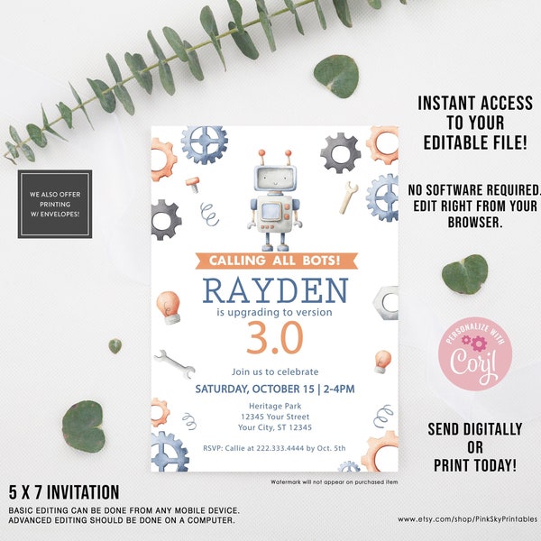 Robots Birthday Invitation, EDITABLE, Robot Birthday Party, Little Robot, PRINT TODAY!