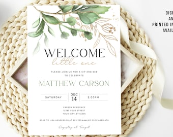 Sip & See Shower Invitation Printable or Printed Invitations, Meet and Greet Invitation, Gender Neutral, Welcome Baby, Greenery and Gold