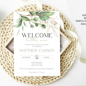 Sip & See Shower Invitation Printable or Printed Invitations, Meet and Greet Invitation, Gender Neutral, Welcome Baby, Greenery and Gold