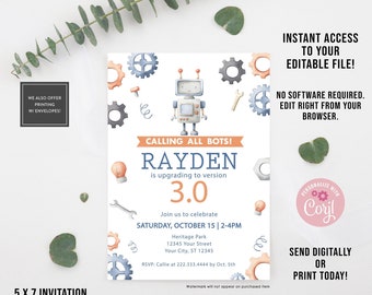 Robots Birthday Invitation, EDITABLE, Robot Birthday Party, Little Robot, PRINT TODAY!