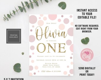 May include: A pink and white printable invitation with gold glitter text for a first birthday party. The invitation says "Our Sweet Olivia is turning One" and includes details for the party, including the date, time, and location. The invitation is decorated with pink and white polka dots.