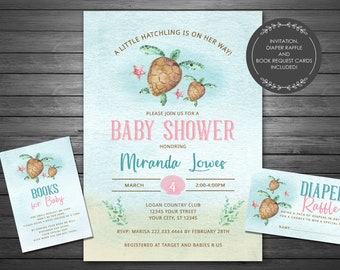 Turtle Baby Shower Invitations, Printable Invitation, Sea Turtle Baby Shower, Girl Baby Shower, Digital, Ocean, Sea, Personalized