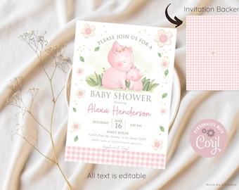 Piggy Baby Shower Invitation, EDITABLE, Farm Baby Shower, Girl Baby Shower, Pink Gingham, Digital, Printable