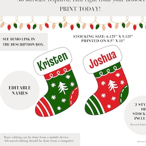 Puede incluir: Dos calcetines navideños, uno verde y otro rojo, con detalles blancos y los nombres "Kristen" y "Joshua". La imagen incluye texto: "Acceso instantáneo a tu archivo. ¡Imprime hoy!" y "Nombres editables."