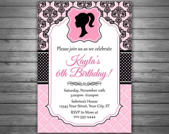 Girls Vintage Doll Birthday Invitation Printable File, Polka Dots, Pink Damask, For Girls