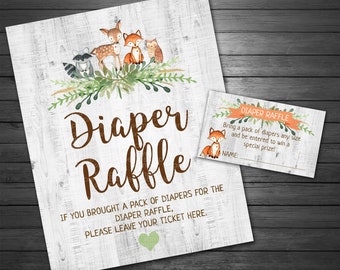 Woodland Diaper Raffle Sign and Cards, INSTANT DOWNLOAD, Forest Animals Baby Shower Diaper Raffle Sign, Wood Sign, Fox, Deer, Raccoon, Owl