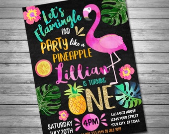 Flamingo Birthday Invitations, Pineapple Invitation, Printable or Printed Invitations, Chalkboard, Pool Party, Pink and Black