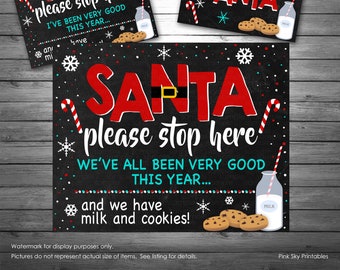 Santa Stop Here Sign and Place Card, INSTANT DOWNLOAD, Santa Milk and Cookies SIgn, Two Signs and Place Card Included, Santa Door Sign