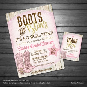 Cowgirl Bridal Shower Invitations, Digital File, Western Bridal Shower, Boots and Bling Shower, Bachelorette, Thank You Tag INCLUDED