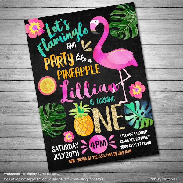 Invitations d'anniversaire Flamingo, Invitation ananas, Invitations imprimables ou imprimées, Tableau noir, Pool Party, Rose et Noir