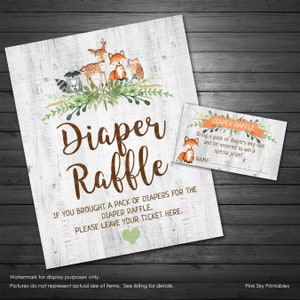 Woodland Diaper Raffle Sign and Cards, INSTANT DOWNLOAD, Forest Animals Baby Shower Diaper Raffle Sign, Wood Sign, Fox, Deer, Raccoon, Owl