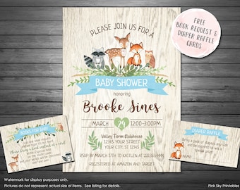 Woodland Baby Shower Invitation, Printable or Printed Invitations, Forest Animals Baby, Printable Diaper Raffle and Book Request INCLUDED