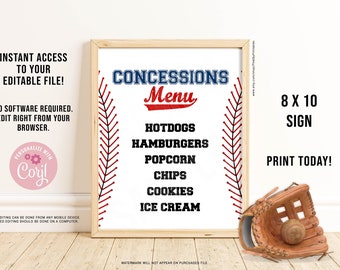 EDITABLE Baseball Concessions Menu Sign, Digital File, Baseball Party Menu, Baseball Birthday, White, Printable, INSTANT DOWNLOAD